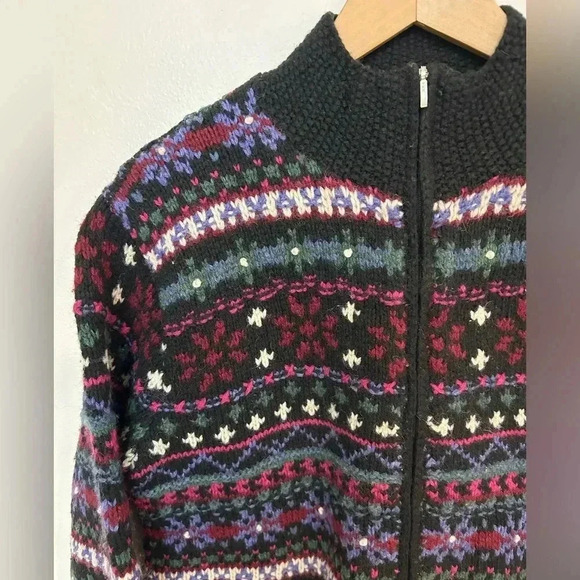 VTG TALBOTS Hand Knit Chunky 100% Wool Zip oversized Sweater S Holiday Fair isle - Picture 4 of 7